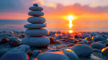 Perfect Balance Of Stack Of Pebbles At Seaside Towards Sunset. Concept Of Balance, Harmony And Meditation. Helping Or Supporting Someone For Growing Or Going Higher Up. Generative Ai
