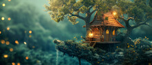Fantasy Treehouse With Lights In A Magical Forest.
