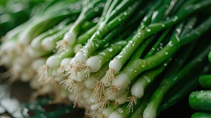 Bunches of fresh green onions for sale at the market. Close-up of crisp green onions, ready to add a burst of flavor to your meals.