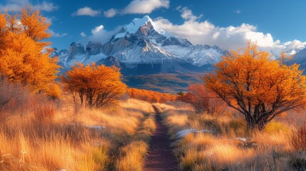 Wall Mural - A scenic autumn view with vibrant orange foliage, a mountain backdrop, and a winding path forward., generative ai