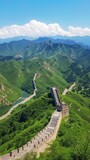 Fototapeta Góry - The image shows the Great Wall of China winding through lush green mountains under a blue sky., generative ai