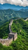 Fototapeta Góry - The image shows the Great Wall of China winding through lush green mountainous landscape under blue skies., generative ai