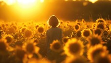 Back View Of A Little Girl In A Field Of Sunflowers At Sunset