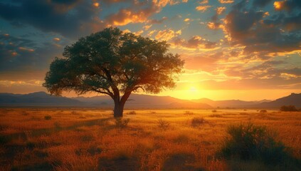 Wall Mural - Solitary Tree in Expansive Field at Sunset