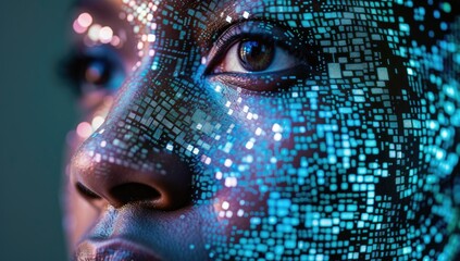 Portrait of a female with digital binary code