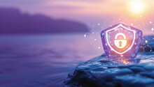 Cybersecurity Shield And Padlock Icon Illuminating A Rocky Shore At Sunset