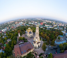 Stavropol, Russia. Cathedral of the Kazan Icon of the Mother of God. Aerial view during sunset. Fall