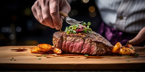 Wall Mural - Chef finishing a gourmet steak dish with greens. culinary art in action. fine dining in a dark, moody setting. high-class restaurant cuisine. AI