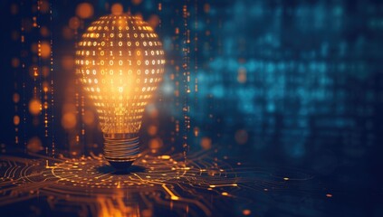 Illuminated Binary Code Light Bulb on Circuit Board