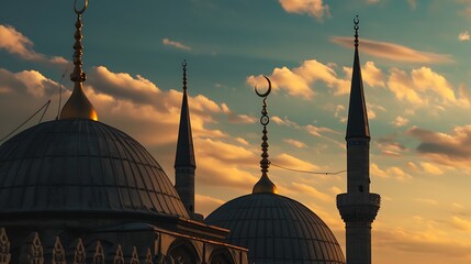 islamic background of silhouette islamic mosque at night with moon on blue sky