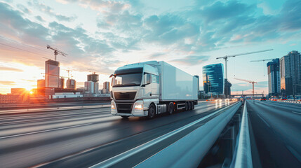 A white delivery truck speeding down the highway against a backdrop of an urban skyline at sunset.