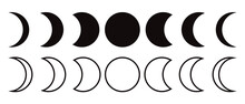 Moon Phases Astronomy Icon Silhouette Symbol Set. Full Moon And Crescent Sign Logo. Vector Illustration. Isolated On White Background.