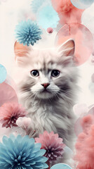 Wall Mural - a charming fluffy kitten surrounded by pastel abstract floral designs and bubbles, creating a dreamy