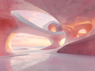 Wall Mural - A large, rectangular concrete structure with a pink, peach, and purple sky in the background. The structure sits on a flat surface