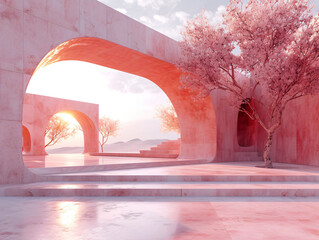 Wall Mural - A large, rectangular concrete structure with a pink, peach, and purple sky in the background. The structure sits on a flat surface