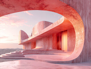 Wall Mural - A large, rectangular concrete structure with a pink, peach, and purple sky in the background. The structure sits on a flat surface