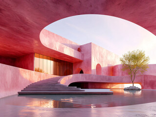 Wall Mural - A large, rectangular concrete structure with a pink, peach, and purple sky in the background. The structure sits on a flat surface