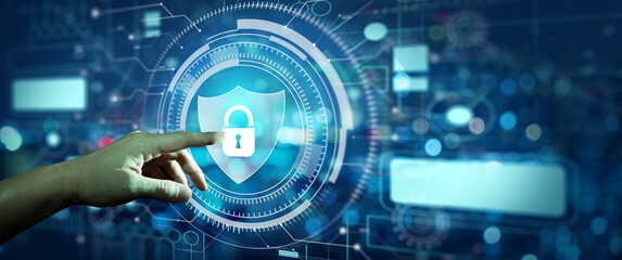 Wall Mural - double exposure of night city and data protection cyber security privacy hologram. businessman hand 