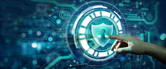Wall Mural - double exposure of night city and data protection cyber security privacy hologram. businessman hand 