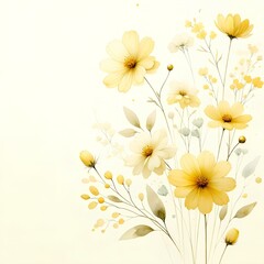 Wall Mural - Create a yellow floral background with watercolor simple flowers. The design is light and airy, with a soft watercolor texture that gives a sense