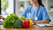 doctor advising patient on healthy eating. Vibrant veggies symbolize wellness, with a blurred background