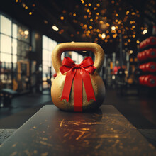 Brutal Kettlebell With Red Bow And Ribbon. Kettlebell In A Gym Or Fitness Center. Sporting Goods Store Advertisement. Image For Blogger, Advertising Campaign, Post, Banner Or Billboard. Social Network