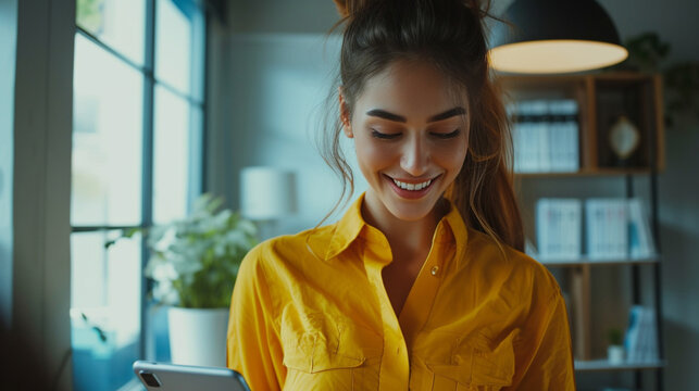 A businesswoman, dressed in a yellow shirt and with her hair in a ponytail, happy in her office