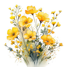 Cute Tiny Yellow Flowers, Watercolor Painting Texture De Fleurs Naturel On Transparent Background PNG