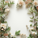 Fototapeta Kwiaty - Elegant composition featuring white flowers with vibrant green leaves set against a white backdrop