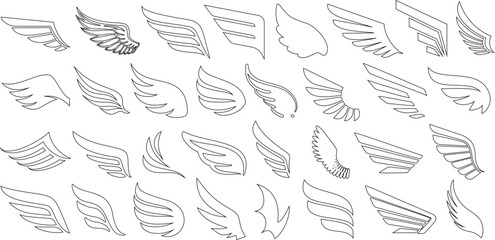 Wall Mural - Wing vector set, angel, bird, fairy styles. Perfect for tattoo, logo design, decorative elements. Hand drawn, detailed, abstract wings illustrations.