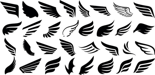 Wall Mural - Wing vector collection, black wings silhouettes on white, ideal for logo, tattoo, sticker, decal design. Angel, bird, eagle wing illustrations, isolated, unique, bold, distinct, intricate details