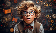 Surprised Young Boy With Big Glasses Standing In Front Of A Chalkboard Filled With Colorful Science And Math Symbols, Expressing Curiosity And Amazement