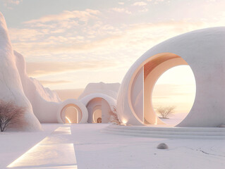 Wall Mural - A futuristic minimal bamboo building with round windows is surrounded by snow.
