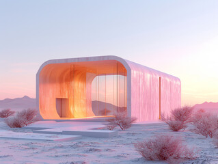 Wall Mural - A futuristic minimal bamboo building with round windows is surrounded by snow.
