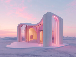Wall Mural - A futuristic minimal bamboo building with round windows is surrounded by snow.