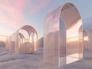 Wall Mural - A futuristic minimal bamboo building with round windows is surrounded by snow.