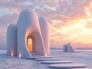 Wall Mural - A futuristic minimal bamboo building with round windows is surrounded by snow.