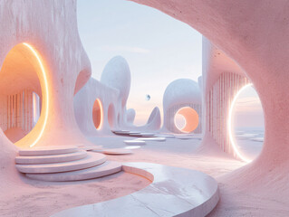 Wall Mural - A futuristic minimal bamboo building with round windows is surrounded by snow.