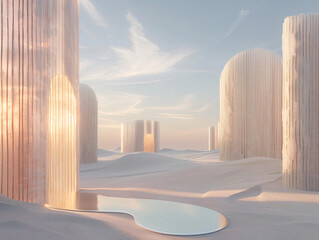 Wall Mural - A futuristic minimal bamboo building with round windows is surrounded by snow.