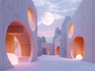 Wall Mural - A futuristic minimal bamboo building with round windows is surrounded by snow.