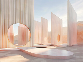 Wall Mural - A futuristic minimal bamboo building with round windows is surrounded by snow.