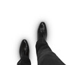Man's viewpoint looking down at black dress shoes and grey suit pants
