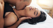 © Felix/peopleimages.com - Sex, man woman with neck kiss, passion and intimacy for love and lust in marriage with couple in bed together. Foreplay, seduction and trust with romance on Valentines day and sexual moment at home