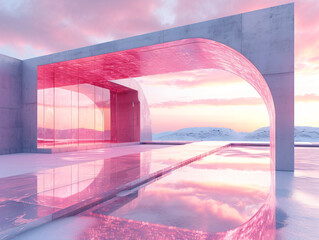 Wall Mural - A pink concrete archway with steps leading to a door that opens to a pink sky and clouds.