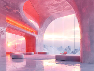 Wall Mural - A pink concrete archway with steps leading to a door that opens to a pink sky and clouds.