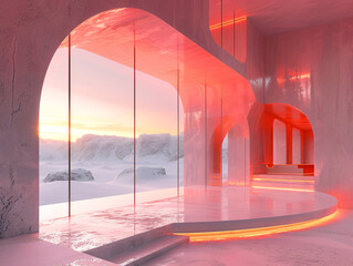 Wall Mural - A pink concrete archway with steps leading to a door that opens to a pink sky and clouds.