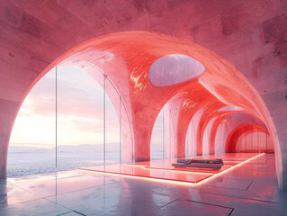 Wall Mural - A pink concrete archway with steps leading to a door that opens to a pink sky and clouds.