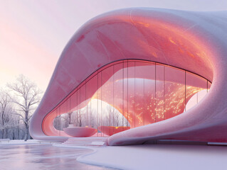 Wall Mural - A pink concrete archway with steps leading to a door that opens to a pink sky and clouds.