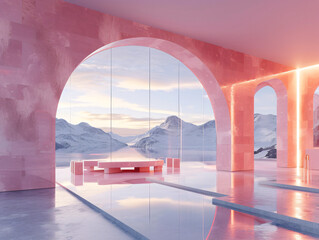Wall Mural - A pink concrete archway with steps leading to a door that opens to a pink sky and clouds.