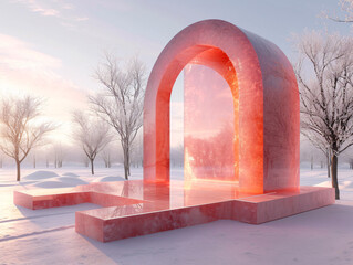 Wall Mural - A pink concrete archway with steps leading to a door that opens to a pink sky and clouds.